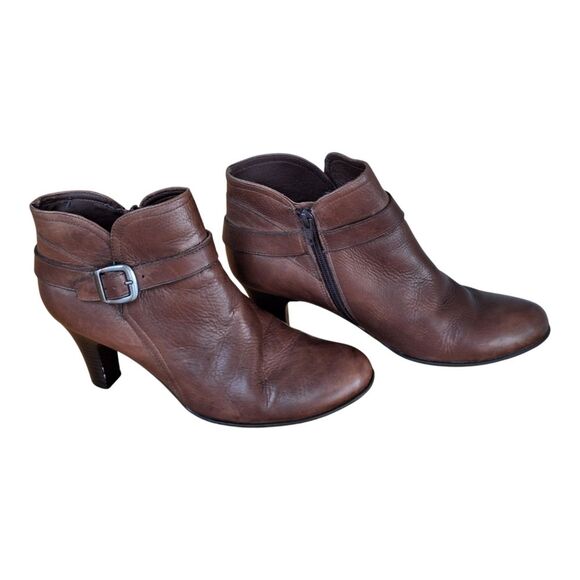 NURTURE Talin Brown Premium Leather Heeled Zip Ankle Boot 9.5M Buckle Bootie - Picture 5 of 16